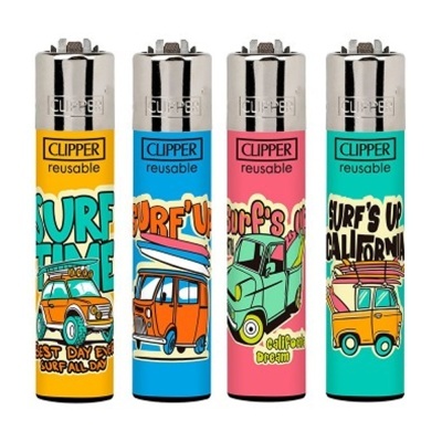 Isqueiros Clipper reutilizáveis coloridos com ilustrações de carrinhas vintage e textos de surf.
