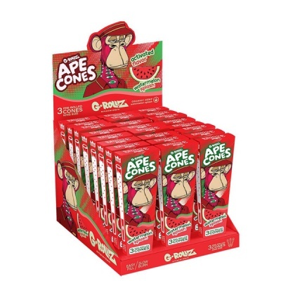 Expositor de cones pré-rolados vermelhos G-ROLLZ APE CONES com sabor Watermelon Splash e desenho de macaco.