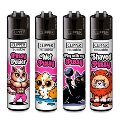 Quatro isqueiros Clipper reutilizáveis com desenhos de gatos e textos temáticos em inglês.