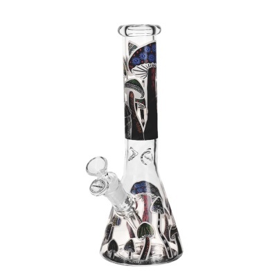 Bong de vidro com decoração de cogumelos coloridos
