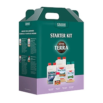 Kit inicial STARTER KIT TERRA da CANNA com cinco frascos em caixa verde e roxa