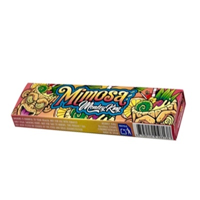 Embalagem retangular colorida com texto Mimosa Monkey King em destaque