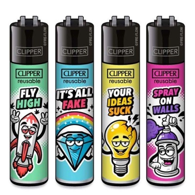 Quatro isqueiros Clipper reutilizáveis com desenhos coloridos e frases em inglês.