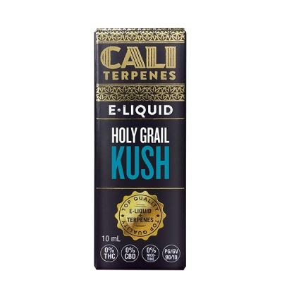 caixa preta e dourada de e-líquido CALI Terpenes Holy Grail Kush 10mL