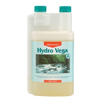 Frasco branco com tampa azul de fertilizante Hydro Vega da CANNA com imagem de rio na etiqueta.