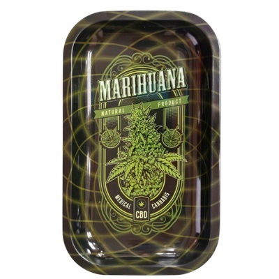 Tabuleiro de metal com design de planta de cânhamo e texto relacionado a cannabis