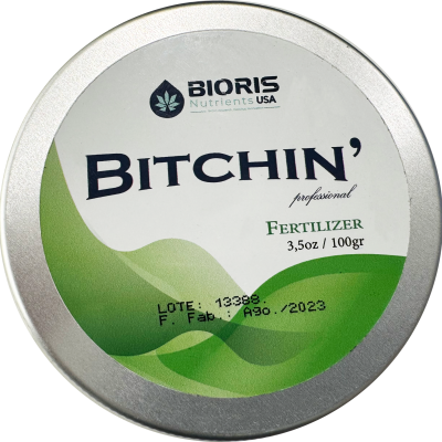 Lata metálica de fertilizante BITCHIN com design verde e cinza