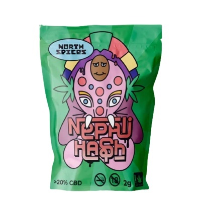 Embalagem verde com ilustração colorida e texto Nepal Hash