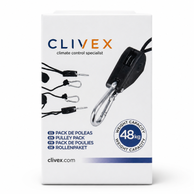 Caixa branca com pack de poleias CLIVEX e texto multilíngue com capacidade de 48 kg