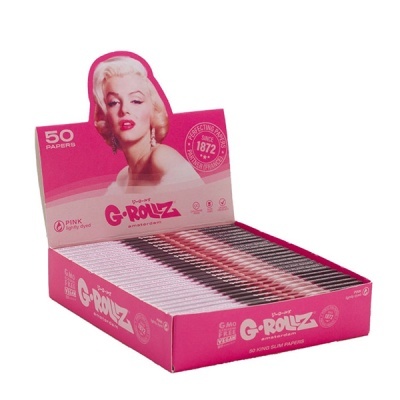 Caixa rosa de papéis de enrolar G-ROLLZ com imagem de mulher loira