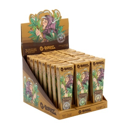 Expositor castanho com caixas G*ROLLZ 3 cones king size pré-enrolados