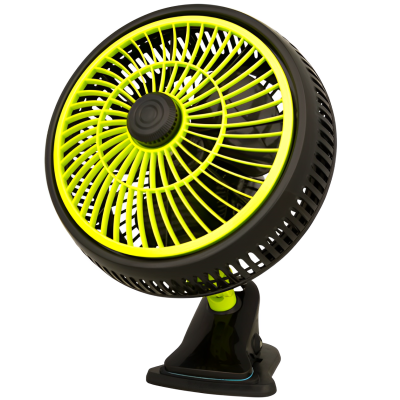 Ventoinha portátil amarelo fluorescente com grelha e base preta com clipe.