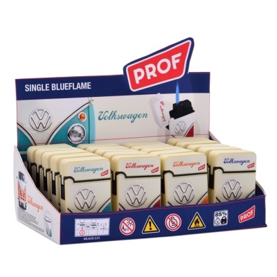 Expositor de isqueiros PROF Volkswagen cor creme com logótipo VW prateado e chama azul.