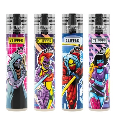 Quatro isqueiros Clipper Jet Flame com desenhos futuristas em cores vibrantes