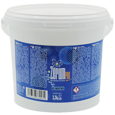Balde branco com etiqueta azul do produto Zerum Pro, neutralizador de odores, gel neutro 3,3 kg.