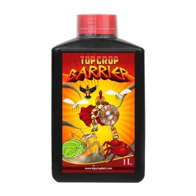 Frasco preto com tampa vermelha do produto Top Crop Barrier com etiqueta ilustrada