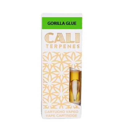 Cartucho de vape Cali Terpenes Gorilla Glue numa embalagem branca com padrão floral beje