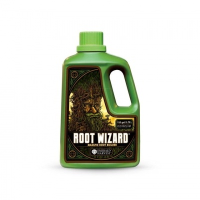 Frasco plástico verde de produto Root Wizard com rótulo ilustrado e texto