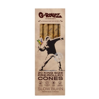 Embalagem de 20 cones pré-rolled G-Rollz King Size extra thin com ilustração e texto em fundo bege