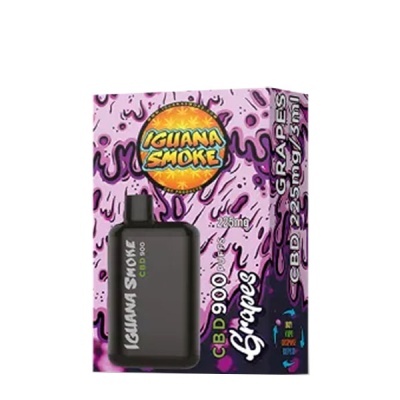 Embalagem de cannabis comestível IGUANA SMOKE roxa e preta com texto e informação de CBD e sabor Grapes