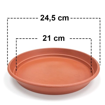 Prato redondo terracota de plástico com medidas visíveis