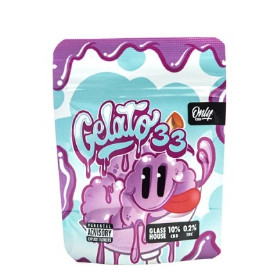 Embalagem colorida Gelato 33 com nuvem roxa ilustrada e textos informativos