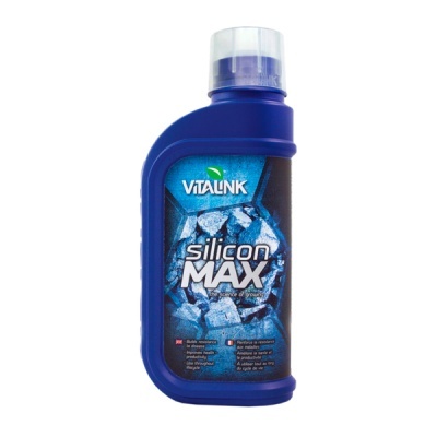 Frasco azul de plástico do produto VITALINK silicon MAX com rótulo azul e preto