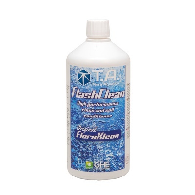 Frasco branco com rótulo azul com bolhas de água e texto em inglês