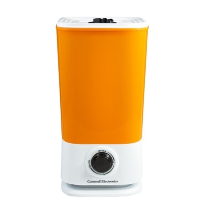 Humidificador eléctrico laranja e branco com controlo redondo preto e marca Cornwall Electronics