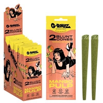 Cones para fumar G-Rollz MANGO PULP com embalagem amarela e laranja e ilustração de mulher