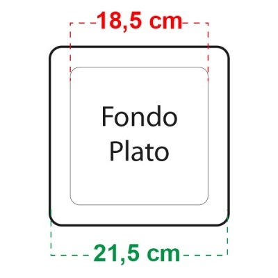 Desenho de prato quadrado branco com medidas e texto Fondo Plato no centro