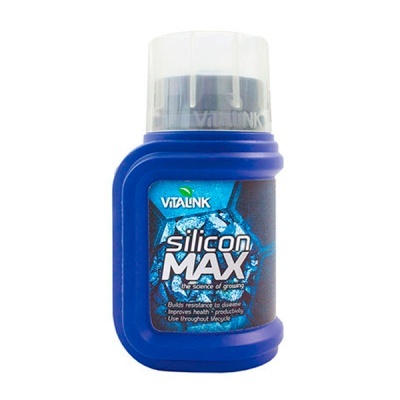Frasco azul de suplemento Vitalink Silicon Max com tampa transparente e rótulo azul