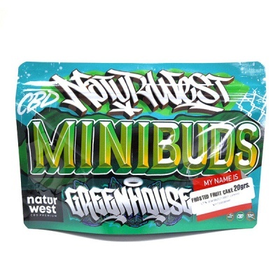 Embalagem colorida do produto CBD NaturWest MINIBUDS Greenhouse Frosted Fruit Cake 20 gramas