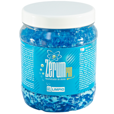 Frasco de gel azul para neutralizar odores com rótulo azul