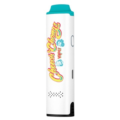 Dispositivo vape branco com tampa azul e texto colorido Cheech & Chong
