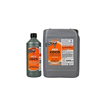 Fertilizantes HESI COCO em frascos de 1 litro e 5 litros com rótulos laranja, preto e branco