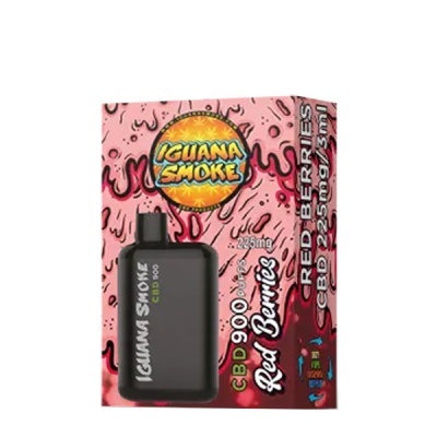 Frasco preto de produto CBD com embalagem cor-de-rosa e texto Iguana Smoke Red Berries