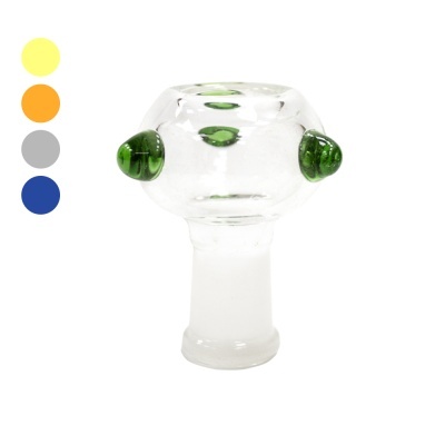 Pote de vidro transparente com detalhes verdes em relevo