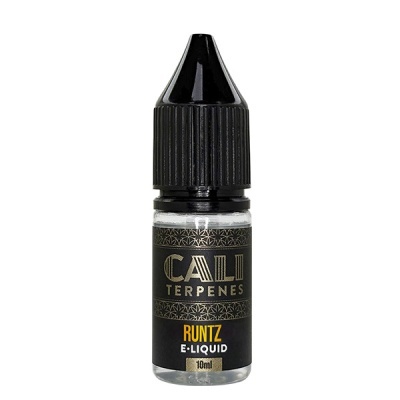 Frasco pequeno de e-liquid com rótulo preto e dourado