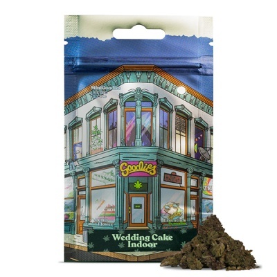 Saco colorido com ilustração de edifício e texto Wedding Cake Indoor com flores de cannabis