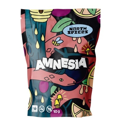 Bolsa de embalagem colorida com design gráfico e textos NORTH SPICES e AMNESIA