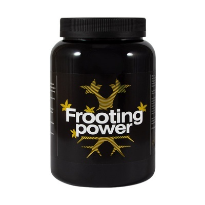 Frasco preto com rótulo preto, texto branco Frooting power e design amarelo