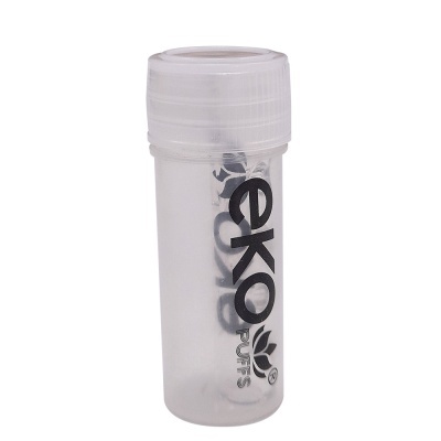 Frasco transparente com tampa e puffs brancos dentro e texto eko PUFFS