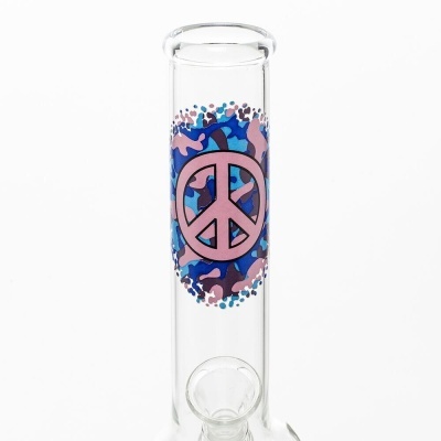Bong de vidro transparente com símbolo da paz e desenho colorido