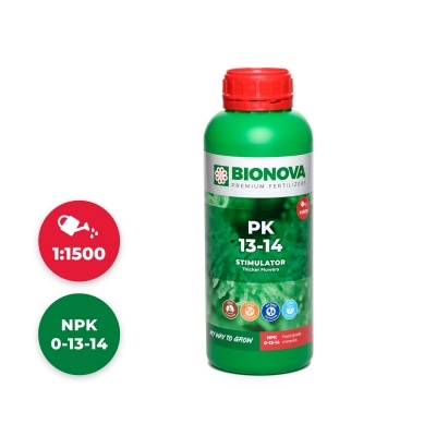 Frasco verde de fertilizante Bionova PK 13-14 com tampa vermelha