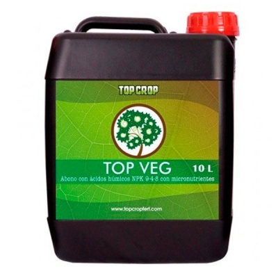 Recipiente plástico preto com tampa vermelha e rótulo verde com texto de adubo TOP VEG
