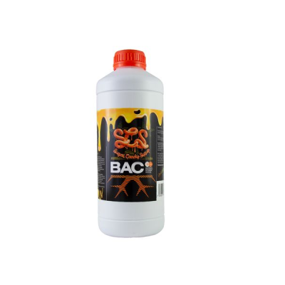 Frasco branco com tampa vermelha e rótulo preto e amarelo com texto BAC
