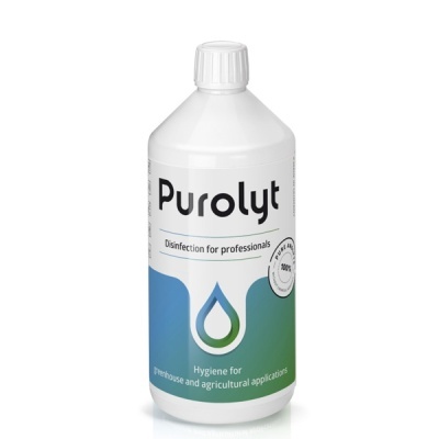 Frasco branco de Purolit para desinfeção com etiqueta azul e verde