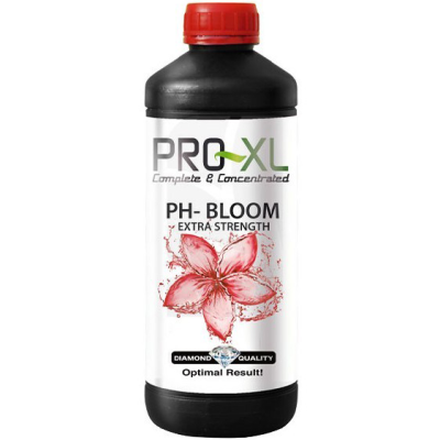 Frasco plástico PRO-XL pH-BLOOM Extra Strength com rótulo branco e tampa vermelha