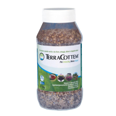 Frasco de granulado para plantas TERRACOTTEM com etiqueta em verde, azul e branco